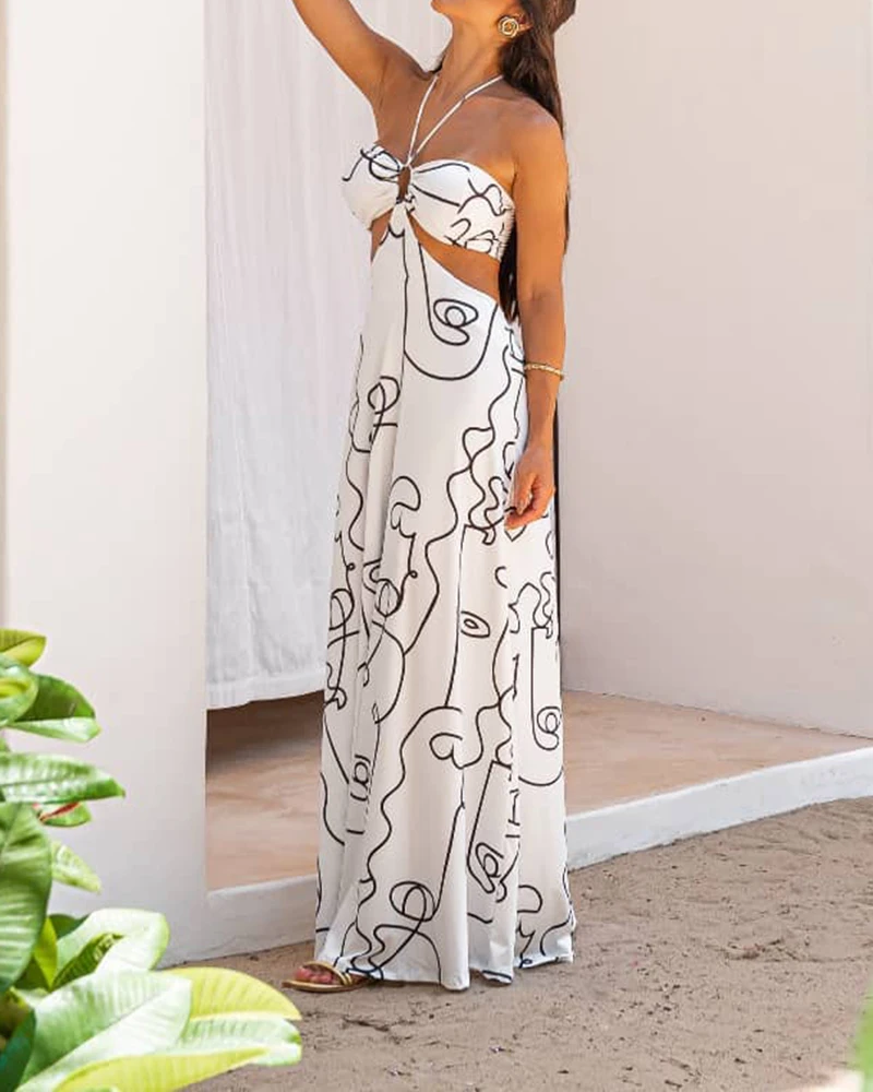 LIYONG Print Sexy Maxi Dress Women Backless Halter Summer Beach Dresses Hollow Out Sleeveless Loose Elegant Party Vestidos 2022