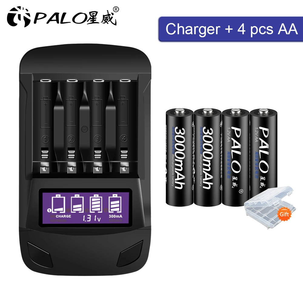  Аккумуляторная батарея PALO aa, 1,2 В, 2 А, 3000 мА/ч, Ni-MH, AA, для камер, игрушек, автомобилей, 1,2 В, AA AAA, зарядное устройство 