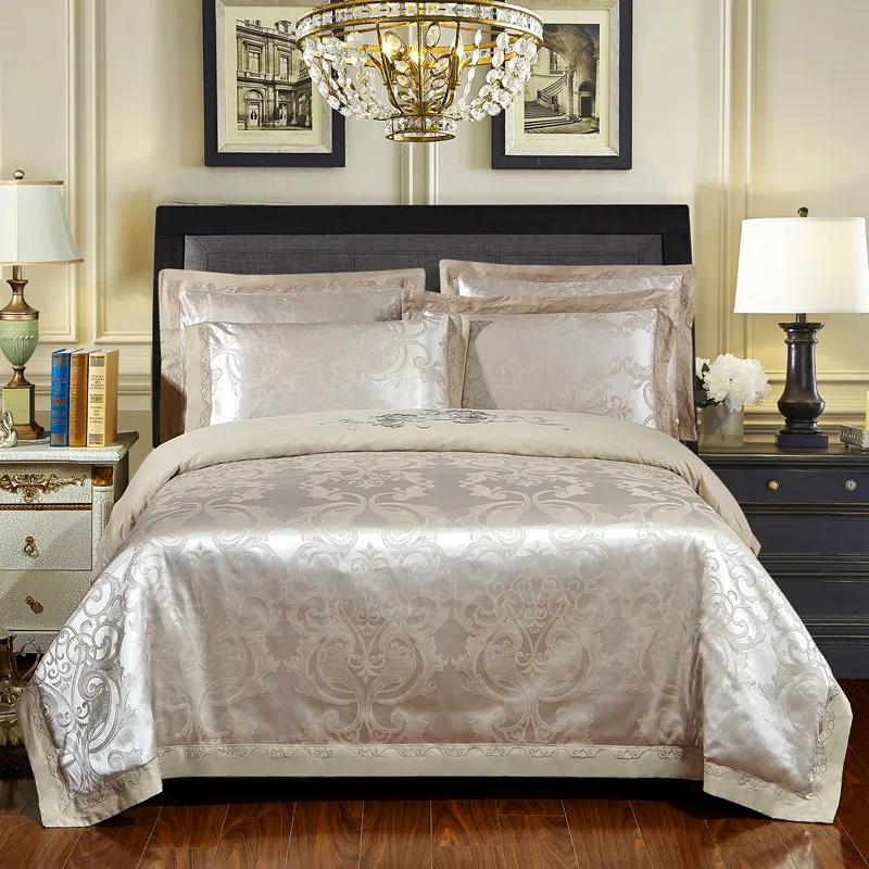 

FUNBAKY 4pcs/Set Silk Satin Jacquard Comforter Luxury Bedding Sets Cotton Duvet Cover Set Bed Linen Linings Home Textile