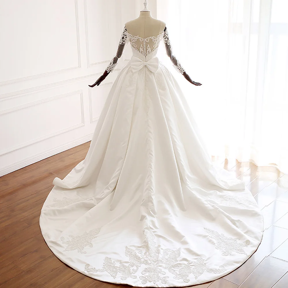 Vestido De Noiva индивидуальный заказ с длинным рукавом и отделкой из бус аппликации бант Атласное Бальное платье свадебные платья плюс размер