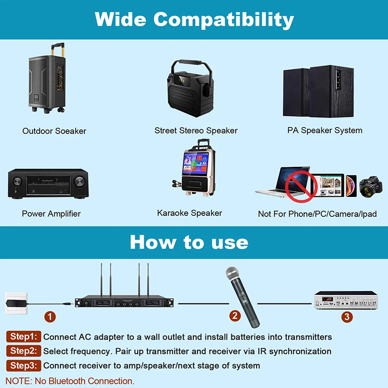 Phenyx Pro 4 Channels Handheld Ｗireless Ｍicrophone Professional  Auto Scan Selectable Frequency Metal 328FT for Singing Court
