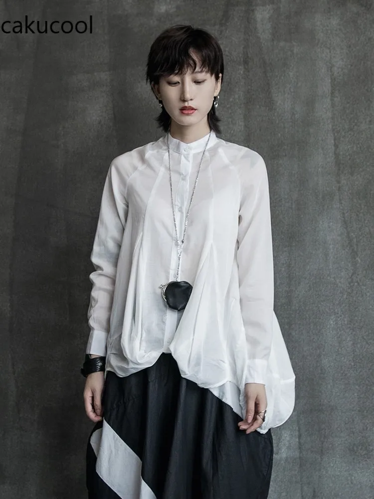 

Cakucool 2019 Korean version of the designer splicing micro-transparent ladies casual long-sleeved shirt