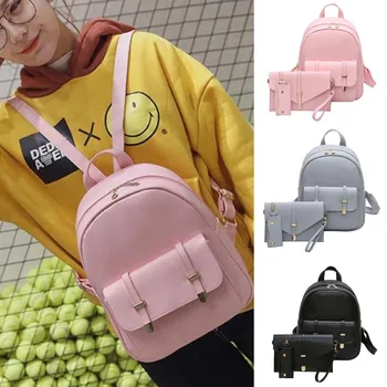 

Women New Fashion 3PC Backpack Casual Bag Small Card Purse Key Bag рюкзак школьный mochila feminina #40