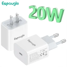 Espougle usb c carregador de carga rápida 4.0 3.0 qc 20w pd usb tipo c carregador rápido para iphone 12 pro max 11 mini 8 mais telefone xiaomi