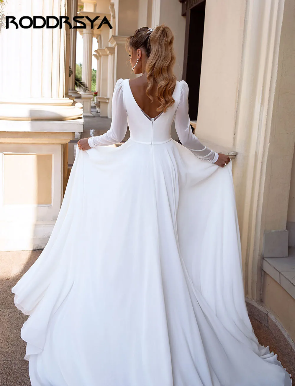 off the shoulder wedding dress RODDRSYA Modern Dubai Chiffon Wedding Dresses 2022 Long Sleeves Backless White Princess Bridal Gowns Wedding Female Dress reception dress for bride