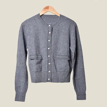 

19 Elegant Temperament Pearl Buckle Patch Bag Slim Fit Knitting Cardigan Coat 91081