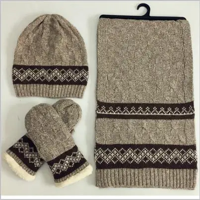 30% Wool 70% Acrylic Knitted Snowflake Pattern Unisex Winter Warm Hat Scarf Mittens Set Male Female Fashion Accessories 3pieces - Color: 4