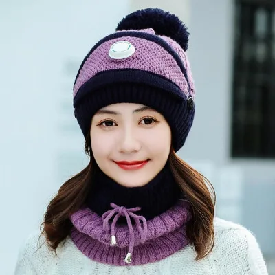 SUOGRY/Модная Меховая теплая зимняя женская шапка, шапка и шарф, комплект из 2 предметов, 8 цветов, вязаная шапка, шарф, комплект, теплый шарф - Цвет: Light purple