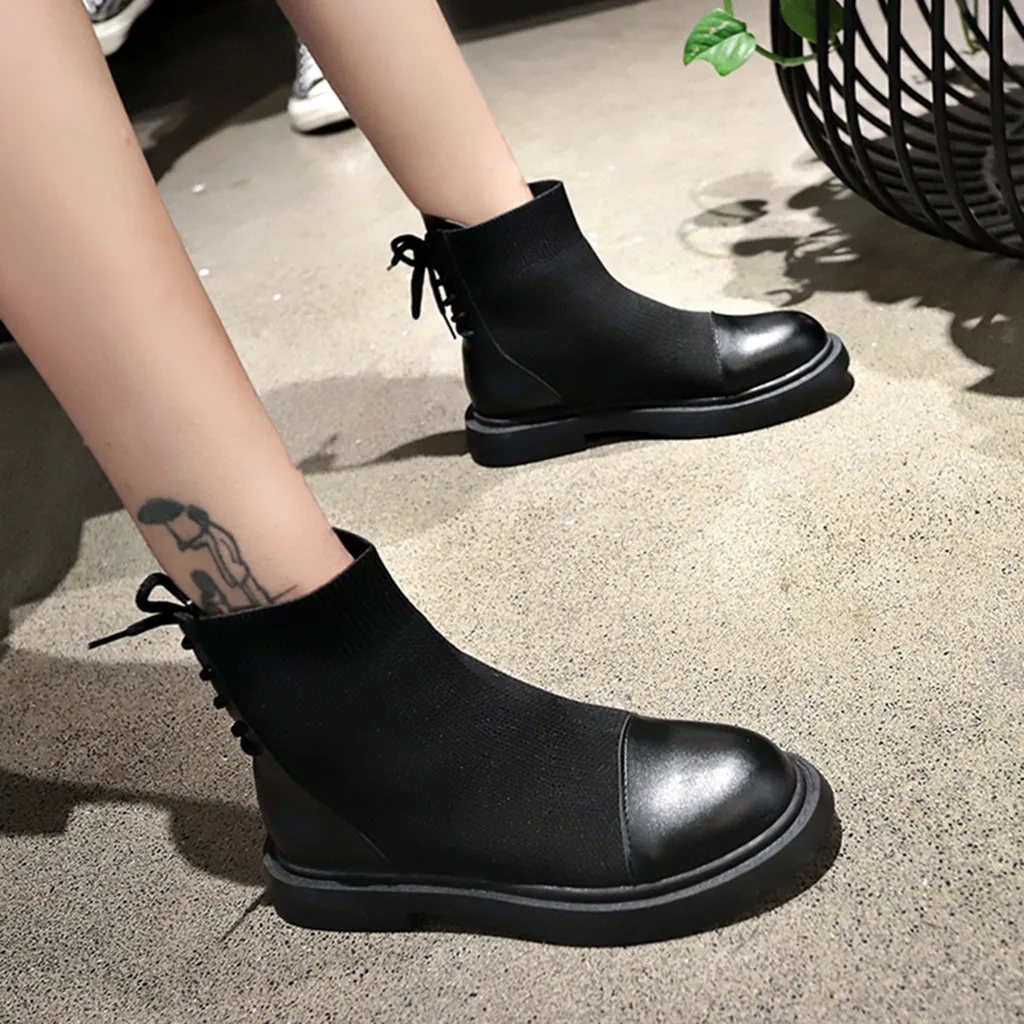 

Brushed Plus velvet slim short flat elastic booties Solid color stitching fashion wild student boots winter Short boots women