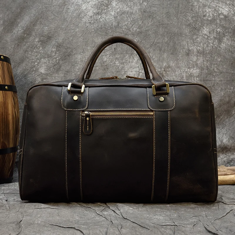 Men Vintage Crazy Horse Leather Travel Duffel Thick Real