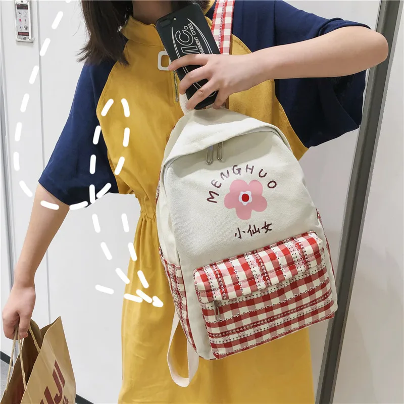 

INS Plaid Canvas Backpack Vintage Sense GIRL'S School Bag Women's Korean-style High School College Student Campus MORI Series Ba