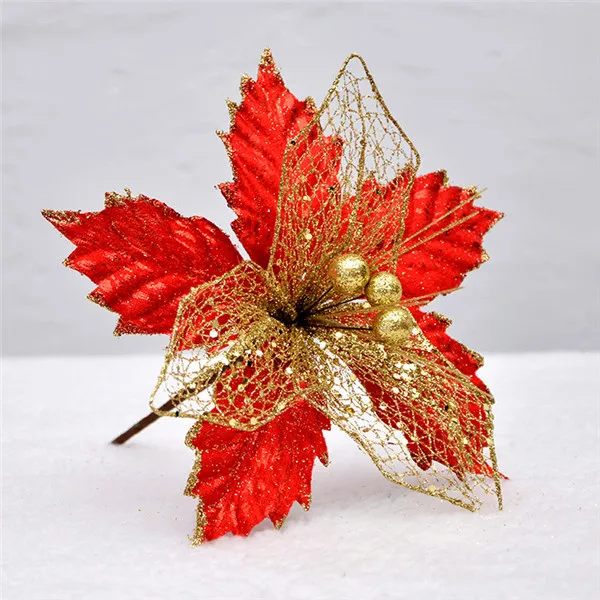 22CM red golden 20 шт 14 см/22 см Рождественский цветок со стеблем высокого качества рождественские цветы декоративный искусственный цветок золотые серебряные елки украшения - Цвет: 22CM red golden