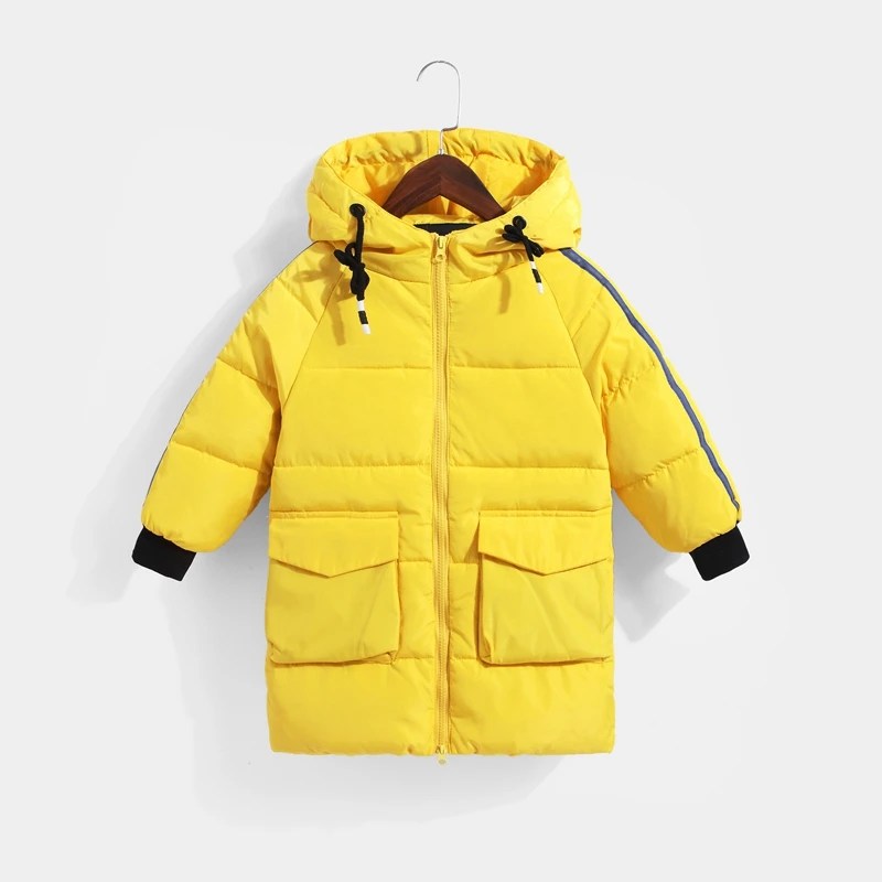 Белый ангел, детская зимняя куртка с капюшоном для мальчиков, Полосатое пуховое пальто с длинными рукавами и шнуровкой для девочек, детская верхняя одежда на утином пуху - Цвет: Yellow
