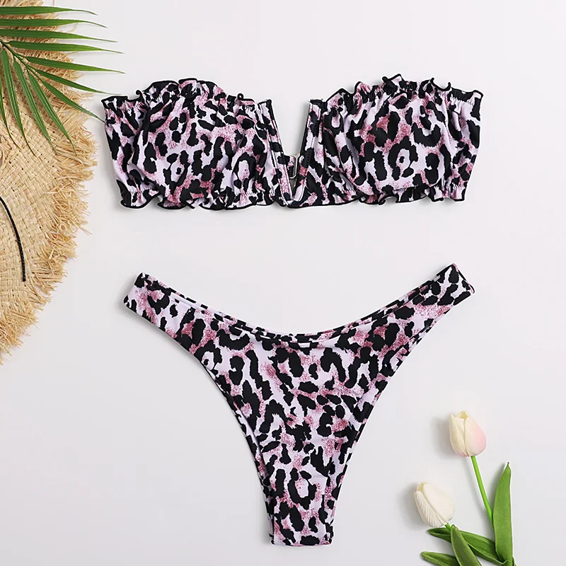 

Sexy Bandeau Bikinis 2020 New V Neck Bikini Swimsuits Push Up Swimwear Female Leopard Brazilian Bikini Set Bathing Suits Biquini