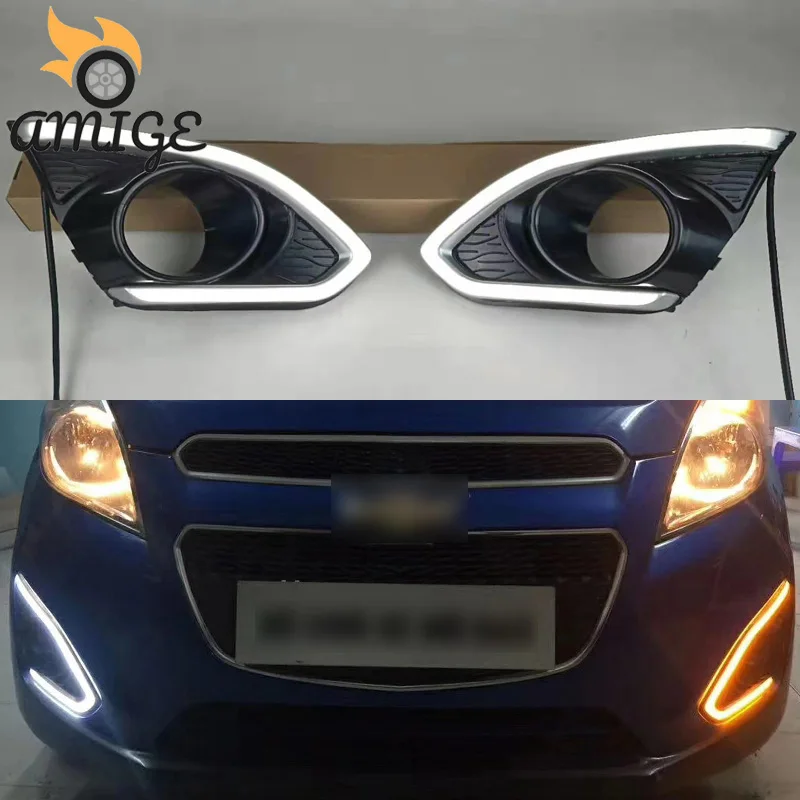 

12V LED DRL Daytime Running Light For Chevrolet Spark 2013 2014 2015 Yellow Turnning Signal Headlight Bumper lamps Daylights