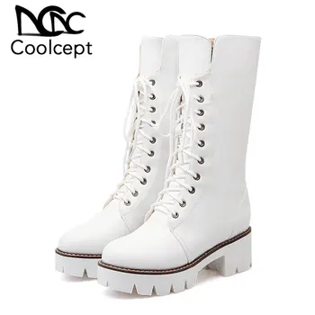 

CoolCept Winter Short Boots Women Fashion Lace Up Square Heel Shoes Women Casual Zipper Warm Plush Fur Platform Boots Size 34-43