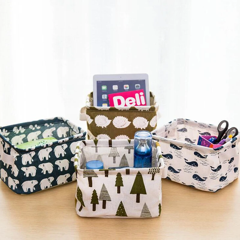 

Desktop Storage Basket Cute Printing Waterproof Organizer Cotton Linen Sundries Storage Box Cabinet Underwear Storage Bag