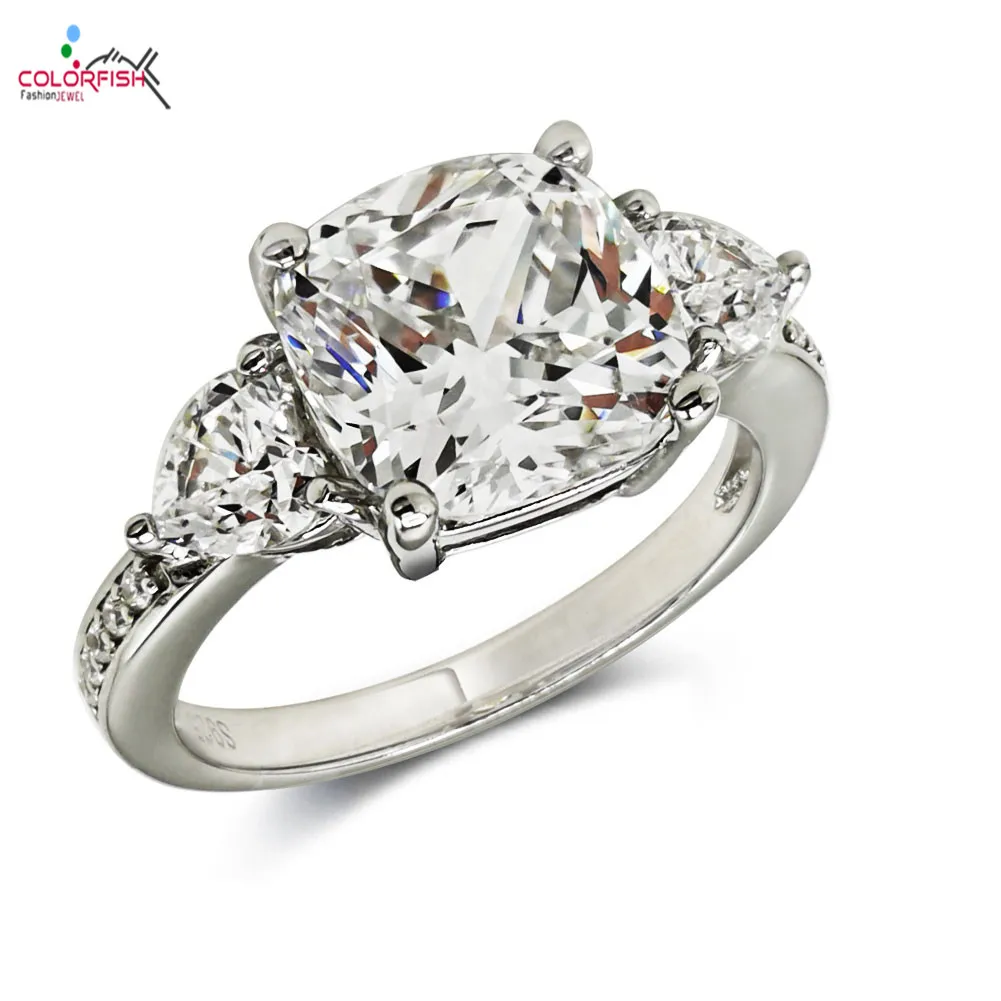 COLORFISH Genuine 925 Sterling Silver Stunning 3-Stone Cushion Cut 3ct Engagement Rings For Women Classic Jewelry | Украшения и
