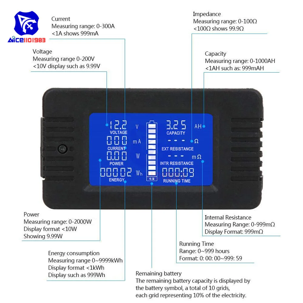 Diymore PZEM-013 10А тестер батареи постоянного тока Напряжение тока мощность Емкость внутреннего и внешнего сопротивления измеритель остаточного электричества