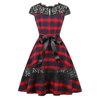 

Hot Vintage Women Plaid Lace Splice Backless Short Sleeve Bowknot Bandage Midi Dress