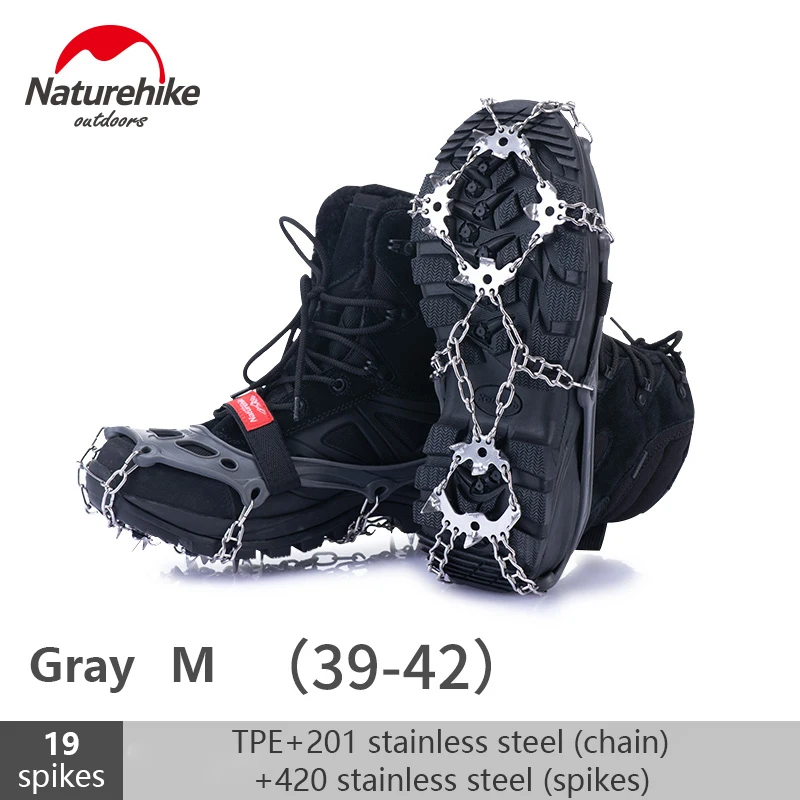 NH19HJ001 gray M Naturehike Исследуйте скалолазание кошки на открытом воздухе противоскользящие шарпы Снежный лед с 13/19 шипами цепь из нержавеющей стали для пеших прогулок - Цвет: NH19HJ001 gray M