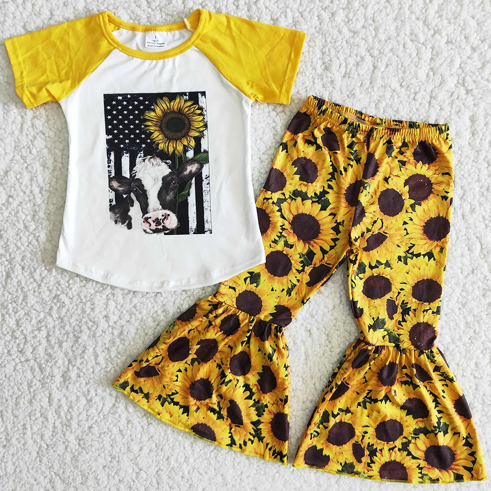 

Toddler Baby Girls Clothes Sunflower Cow Fashion Girls Clothing Sets Spring Short Sleeve Top Bell Bottom Pants 2pcs Kids Outfits