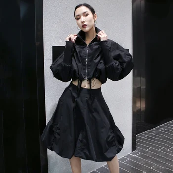 

Loose Half-body Skirt Rufffles Drawstring Two Pieces Suit New Long Sleeve Black Loose Women Fashion Spring Autumn 2020 1S119Q