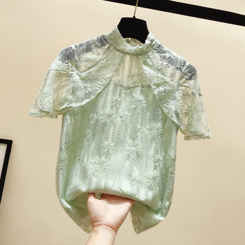 

2020 Spring Summer New Korean Mesh Lace Shirt Blouse Women's Short Sleeve Blouses Coat Girls Sweet Blusas Femininas Elegant Tops