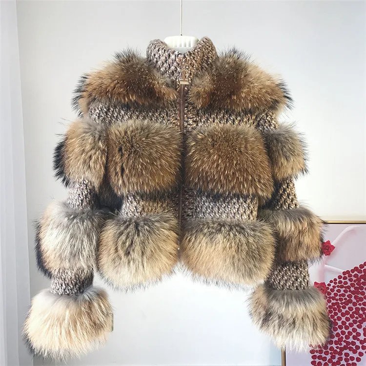 Multi  Color Luxury Fashion Short Winter Thick Warm Women's Raccoon Fur Jacket Zipper Casual Real Fur Coat With Wool Fabric