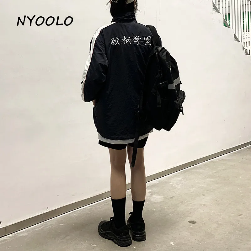 

NYOOLO Preppy style letters embroidery patchwork coats Autumn streetwear Long Sleeve zipper Jacket women men clothing outerwear