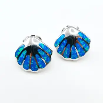

Sea Life Animals Blue Fre Opal Sea Shell Stud Earrings in 925 Sterling Silver For Women Gift