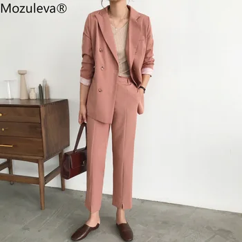 

Mozuleva Fashion 2 Pieces Set Women Pant Suits Double Breasted Notch-neck Jacket Blazer & Sashes Pant Female Workwear Suit 2019