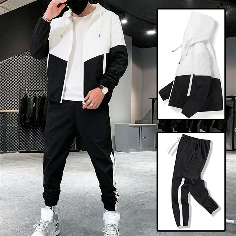 Big Size Patchwork Hip Hop Casual Men's Sets Korean Style 2 Pieces Sets Clothes Men Streetwear Outdoor Sports Fitness Tracksuit mens two piece sets