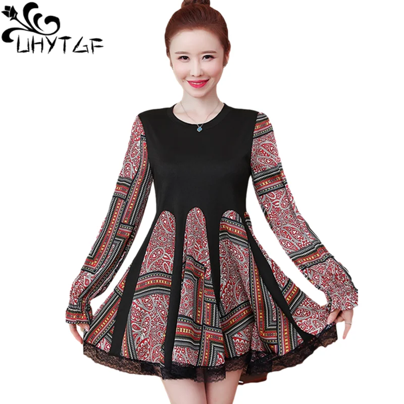 

UHYTGF Cute Girl Spring Dress Fashion Lace Stitching Loose Big Size Dresses Long Sleeve Pullover Casual Women's Mini Skirt 1277