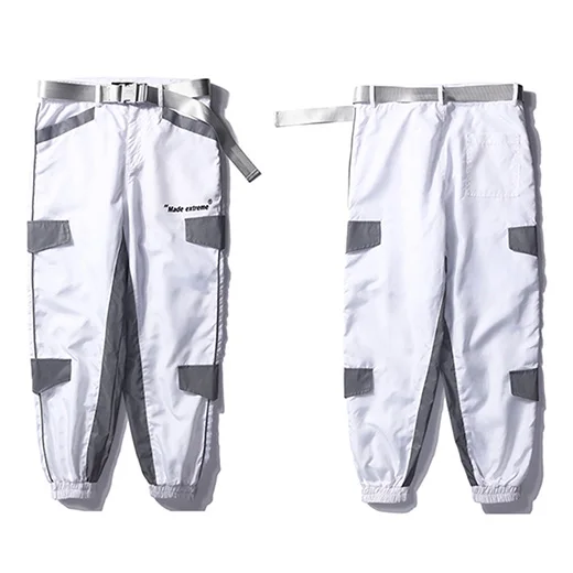 B21K1907-1 White Harajuku 3M Светоотражающие штаны, уличная одежда, Мужские штаны для бега, хип-хоп черные белые брюки, модные весенние шаровары с поясом - Цвет: B21K1907-1 White