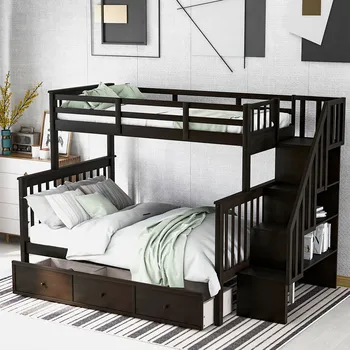 

stairway twin-over-full bunk bed with drawer storage and guard rail bedroom furniture for kids adults