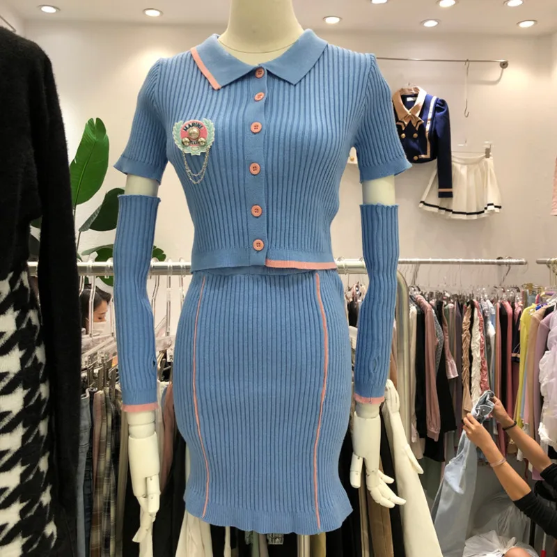 

2 Piece Set Women Crop Top Knitted Sweater Cardigans + Sexy Bodycon Mini Skirt Set Autumn Korean Fashion Sweet Two Piece Outfits