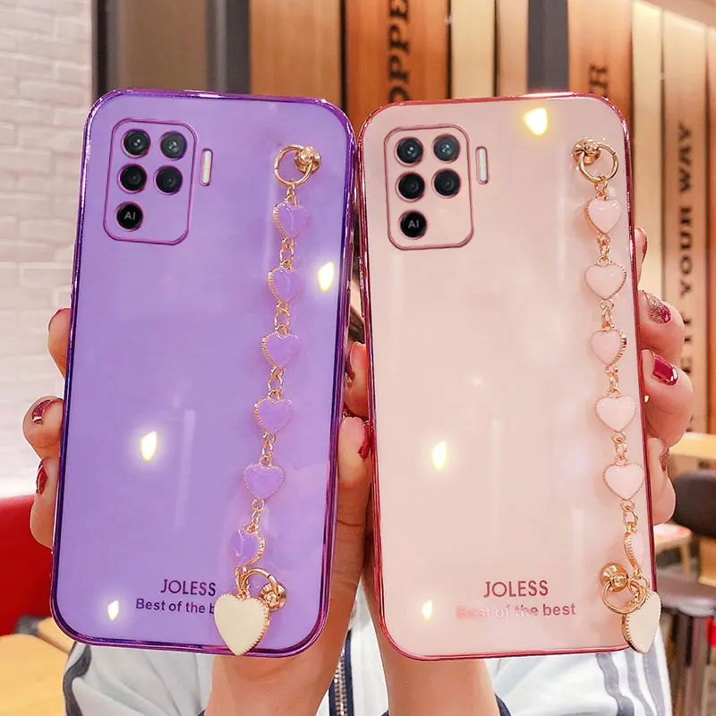 

Wrist Chain Love Heart Phone Case For Oppo A94 A95 5G Luxury Camera Protective Cover For Oppo A54 A74 A94 A93 4G Silicone Case
