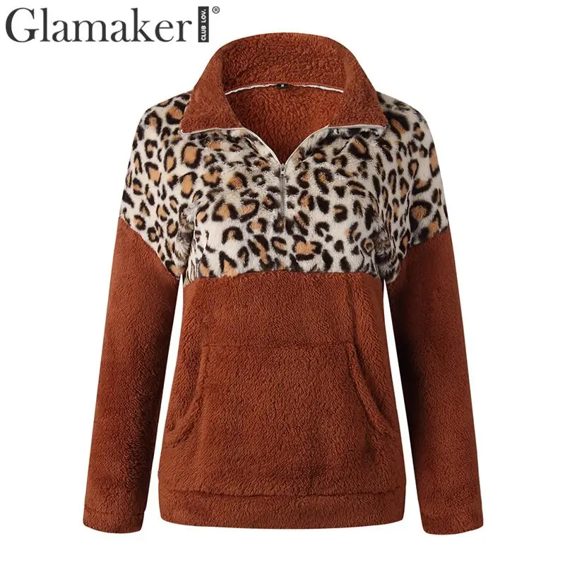 Glamaker лоскутное флисовое пальто с животным принтом для женщин с заниженным плечом с длинным рукавом и стоячим воротником пуловер женский Осень Зима толстовка