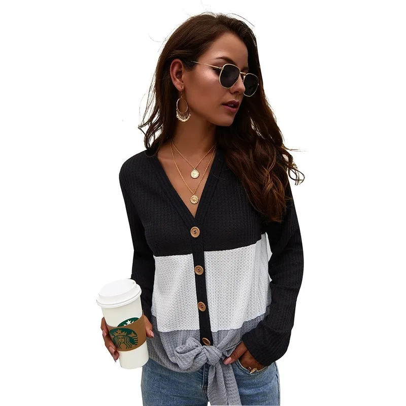 2020 Autumn and Winter V-neck Long Sleeve Sweater Cute Stitching Women Blouse Knitting Cardigan Plus Size Striped Clothing |