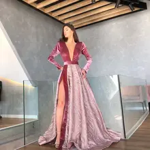 Блестками dubai длинный рукав платье для выпускного вечера с высоким разрезом, сексуальное платье с глубоким v-образным вырезом Вечерние платья размера плюс вечерние праздничные платья