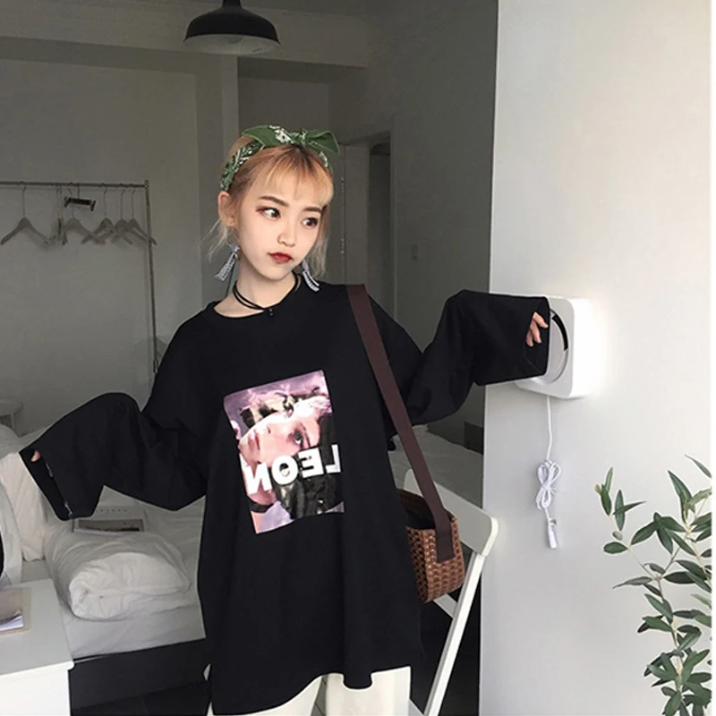 Красивая странная одежда для девочек в стиле хип-хоп; осенняя одежда в Корейском стиле; свободная Осенняя футболка с длинными рукавами для женщин