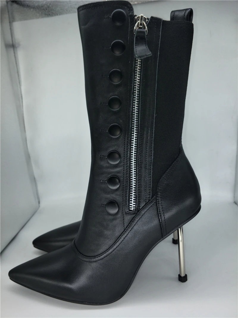 Buono Scarpe/женские ботинки средней высоты на металлическом каблуке-шпильке с острым носком; Botas Mujer; обувь для вечеринок из натуральной кожи; ботинки на молнии на каблуке