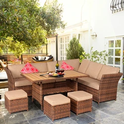 Sunmthink – ensemble de meubles de Patio de 7 pièces, ensemble de Conversation en plein air, canapé sectionnel avec coussins et oreillers (marron) 