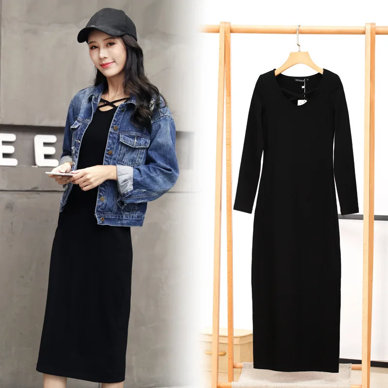 

2019 Early Autumn New Style Korean-style Large Size Long Skirts Dress WOMEN'S Dress Korean-style Slim Fit Long Sleeve Solid Colo