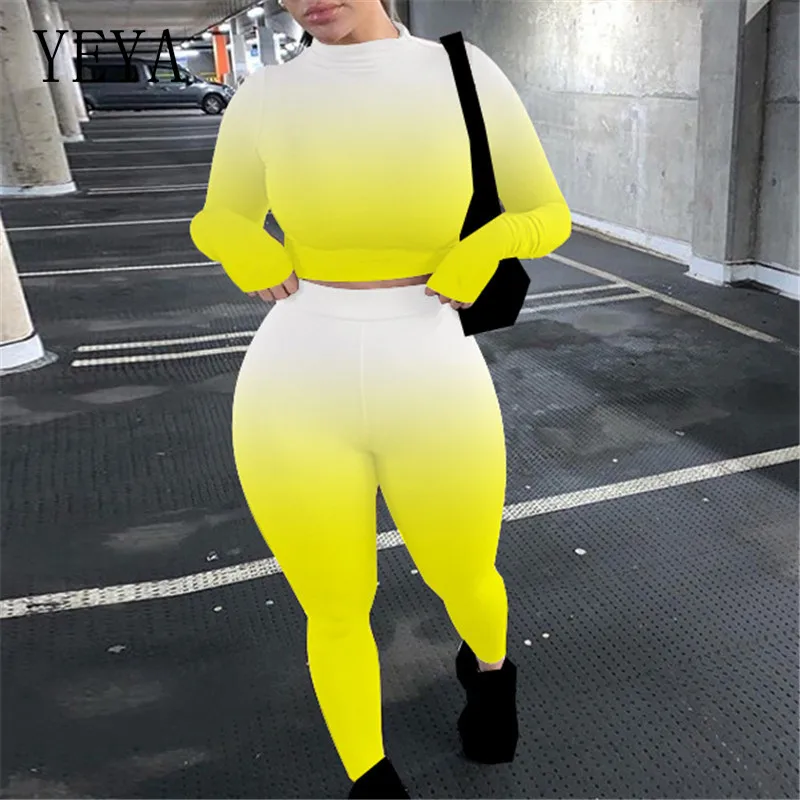 

YEYA Gradient Two Piece Set Long Sleeve Skinny Crop Top and Fitness Jogger Legging Activewear Casual Sportsuit Outfit