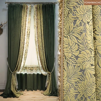 

Custom curtains luxury American retro dark green embroidery stitching velvet thick cloth curtain tulle panel C316