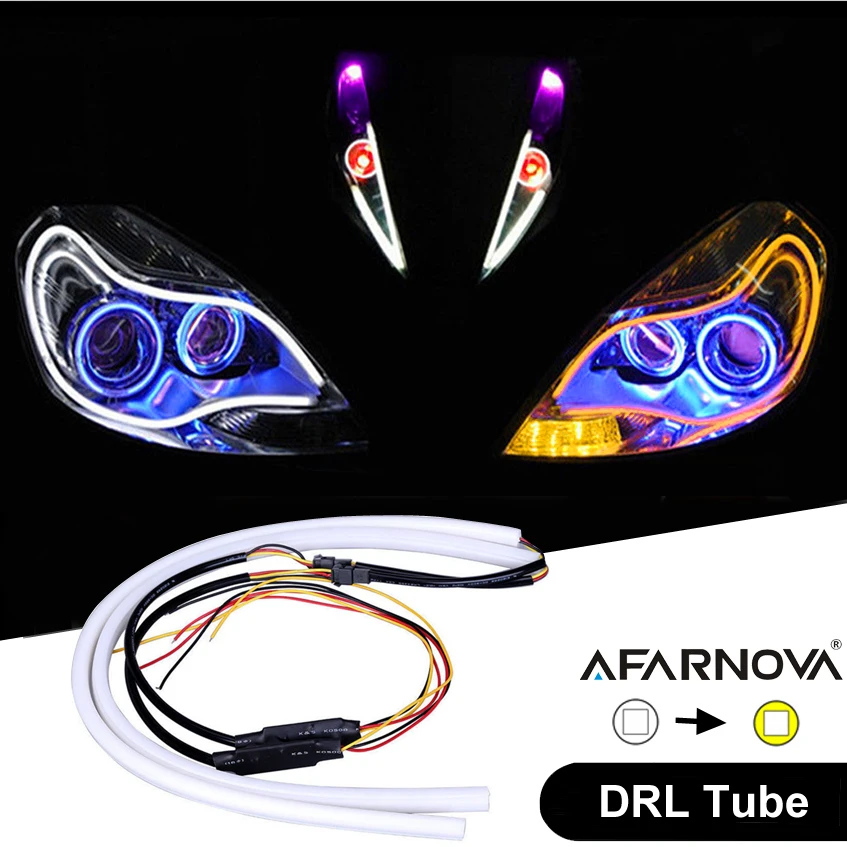 2x автомобиль DRL Гибкая мягкая трубка дневные ходовые огни Светодиодные полосы белый и желтый сигнал поворота 30 45 60 см 12 В ширина зазора лампы