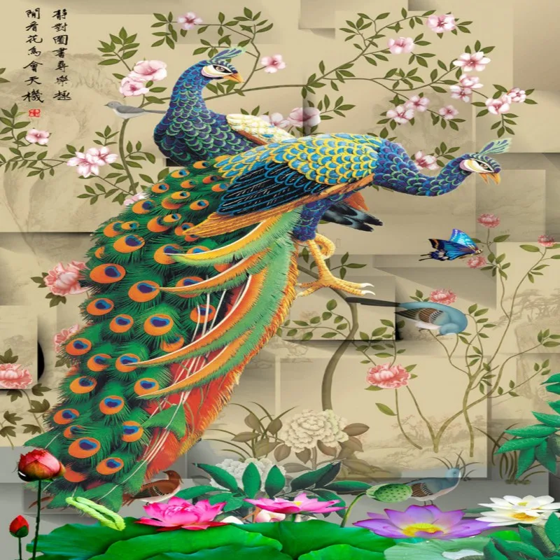 

Drop Shipping Custom 3d Mural Wallpaper Peacock Bird Flower Figure Chinese Classical Wallpaper Flower Papier Peint Home Deco