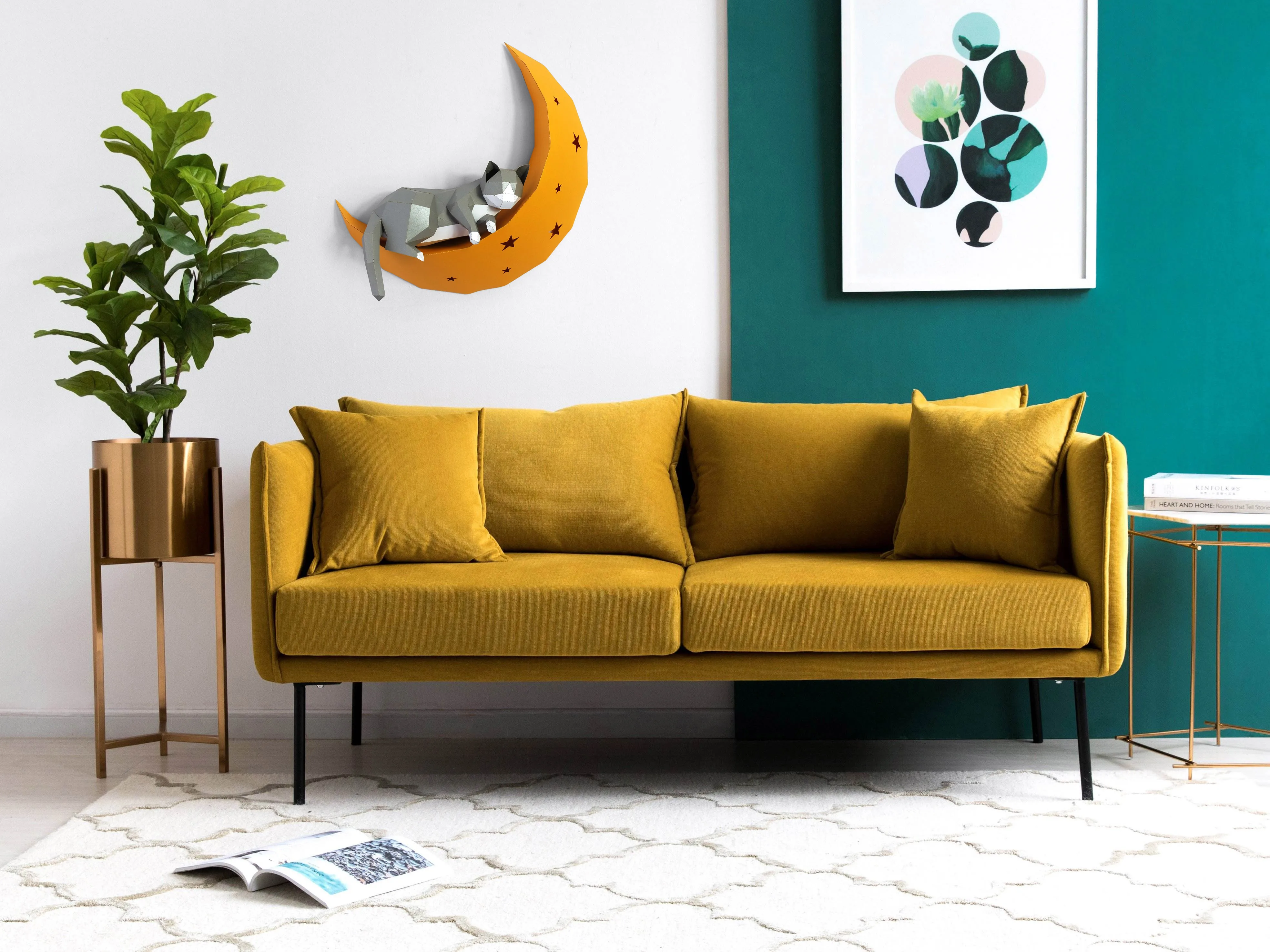 Billige 3D Katze Auf Mond Tier Papier Wand Kunst Skulptur Modell Spielzeug Wohnkultur Wohnzimmer Decor DIY Papier Handwerk Modell party Geschenk